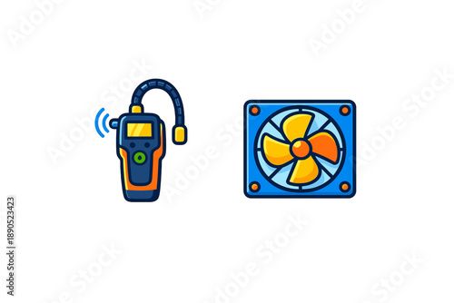 Device measures air flow and fan shows rotation in an indoor setting during day time, useful for various tasks related to ventilation and air quality