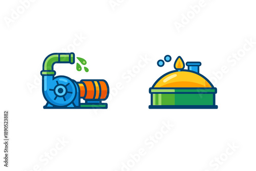 Graphic design showing a water pump and an oil tank with bright colors and simple shapes suitable for use in educational materials related to fluid dynamics or industry
