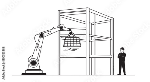 Industrial robotic arm lifting metal cage with man standing nearby in a warehouse setting with structural framework