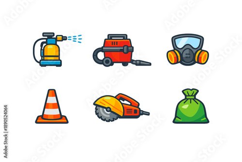 Tools and equipment used in construction and maintenance tasks are displayed together on a simple background for clear viewing in a workshop or site setup
