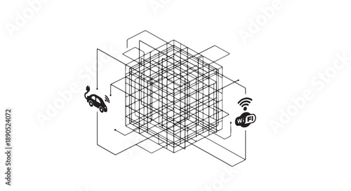 Futuristic 3d grid structure with wireless connectivity symbols and abstract shapes in monochromatic style
