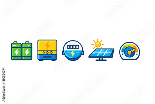 Icons of energy sources and management show batteries, power generator, solar panel, and meter in a simple layout