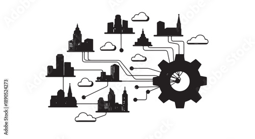 Urban planning and infrastructure development with gears and cityscapes