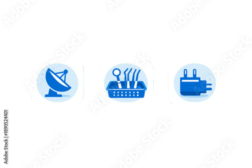 Digital icons showing a satellite dish, utensils in a basket, and a power adapter representing various tools and technologies