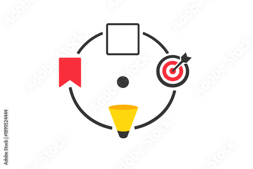 Graphic showing symbols for tasks, goal setting, and priorities in a circular layout with different shapes and designs that represent organization and focus on outcomes
