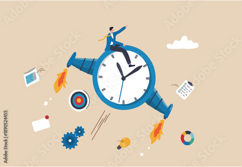 Improve productivity or efficiency, time management to finish within deadline, performance improvement or success concept, businessman riding fast flying clock with jetpack increasing productivity.