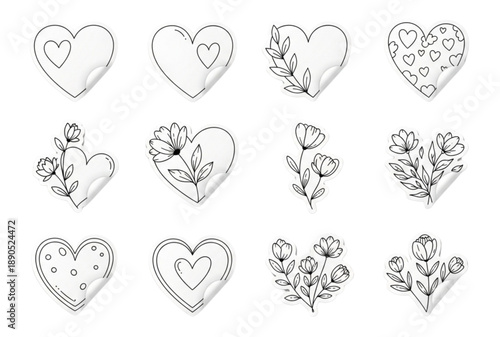 Set of 12 heart and flower illustrations vector