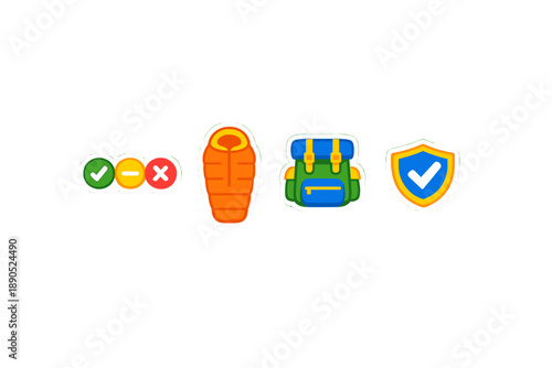 Icons representing camping gear with check and cross symbols for approval and disapproval in outdoor activities during a summer expedition