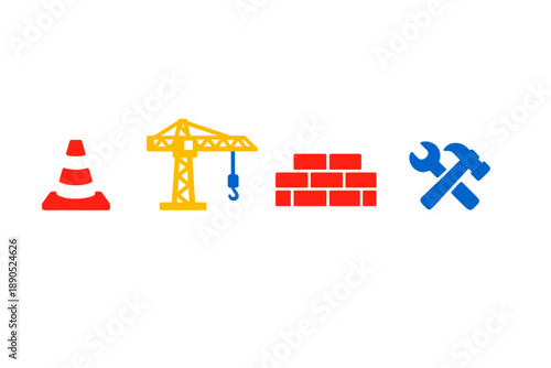 Construction symbols show work in progress with a cone, crane, bricks, and tools on a white background
