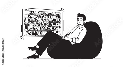 Man relaxing on bean bag chair using laptop with flowchart on screen in grayscale illustration