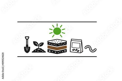 Gardening process showing tools, plants, compost, and soil preparation taking place in a sunny setting