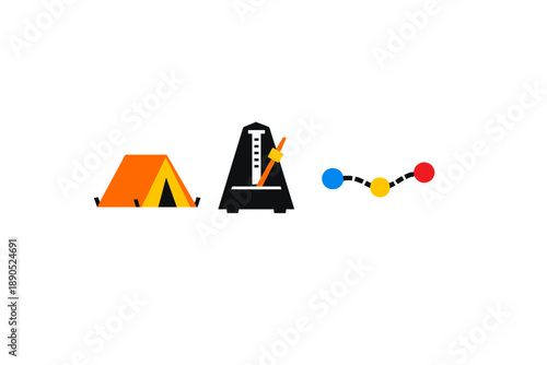 Camping gear and science tools represent outdoor fun and learning activities during a sunny day at a campsite or educational event