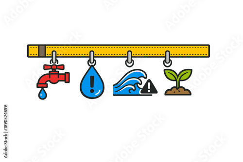 Different aspects of water management and conservation in a simple graphic design showing water usage, waves, and plant growth