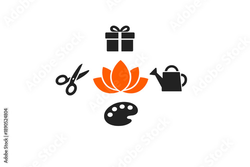Creative activities with tools and symbols for crafting, gardening, and art displayed in a simple arrangement on a white background