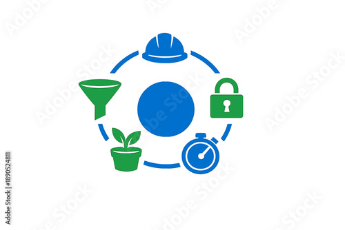 Concept showing elements of work process in a circular layout with symbols representing safety, filtering, growth, timing, and security
