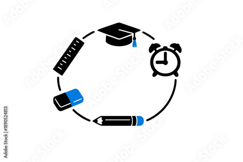 Education process includes graduation cap, ruler, clock, pencil, and eraser arranged in a circular pattern for a seamless learning experience