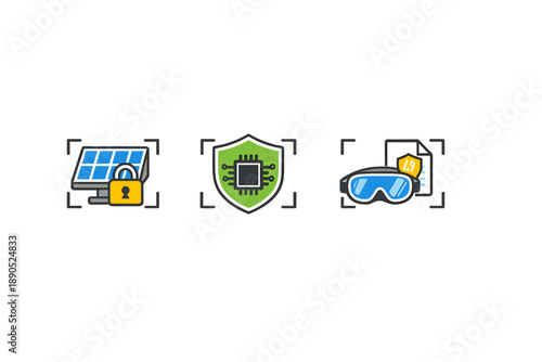 Icons representing technology, security, and renewable energy show a diverse range of modern innovations and tools related to computing, safety, and environmental care