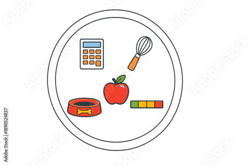 Objects related to cooking, math, and pet care shown in a simple circular design with basic shapes and colors