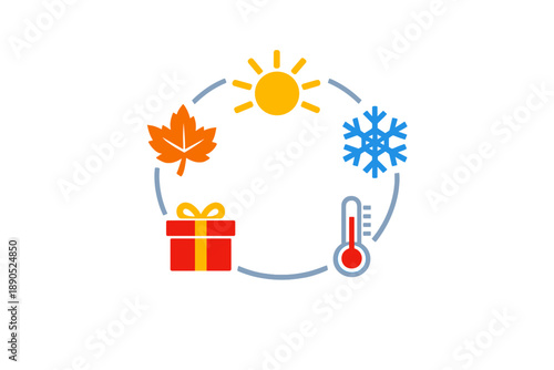 Seasonal changes represented with four symbols showing sun, snowflake, leaf, and gift in a circular design