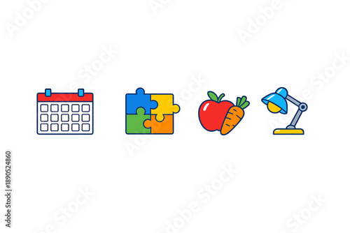 Different icons show a calendar, a puzzle, an apple with a carrot, and a lamp in a clear layout that conveys various concepts and ideas