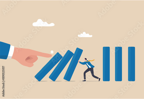 Risk management, control danger, lost or damage from crisis or accident, management and investment strategy, assessment level concept, businessman stop risk of domino 