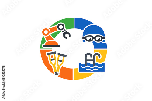 Different activities shown in a circular design including swimming, robotics, and a person using crutches to promote inclusivity in various fields