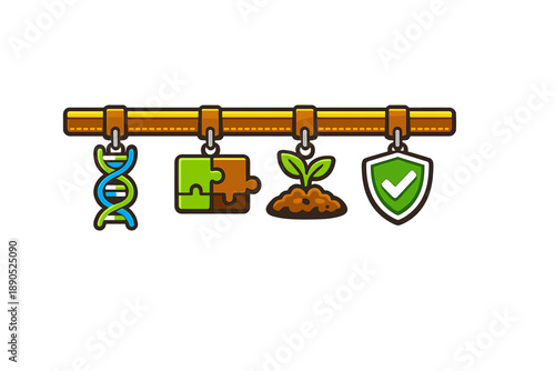 Icons representing different fields of science and technology in a row showing genetic research, problem solving, agriculture, and safety