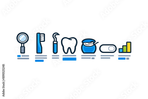 Focus on dental tools and hygiene products used for oral health care in a dental office setting during daytime work hours
