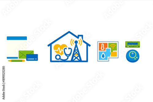 Illustration showing a smart home setup with health monitoring and communication features, promoting convenience in daily living through technology