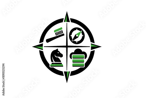 Logo design for a company focused on gaming, health, navigation, and technology in a simple compass style with symbols representing each area