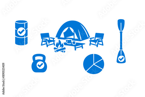 Camping scene showing a tent, campfire, chairs, fitness equipment, and paddle with symbols indicating readiness