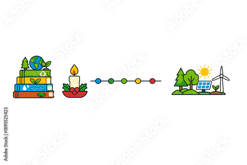 People learn about nature and energy by reading books, with a candle in the middle symbolizing hope and guidance, creating a link to solar power and wind energy sources