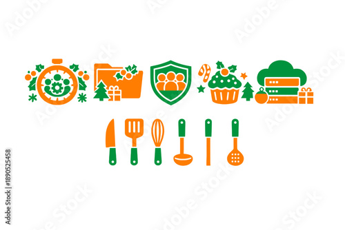 Icons showing cooking tools, holiday symbols, and a group of people working together in a festive setting with gifts, placed in an organized manner