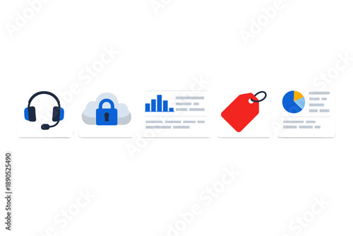 Icons showing various elements related to customer support, data security, analytics, product pricing, and reporting in a digital workspace
