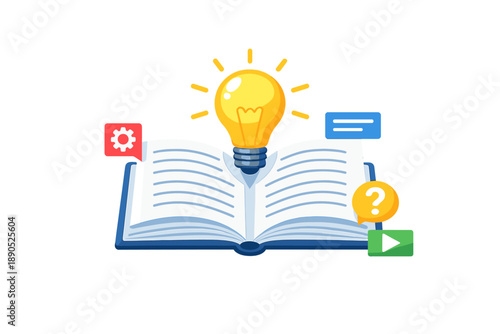 Open book with a light bulb above it, showing ideas and learning concepts in a simple design, with icons for help and videos around the book