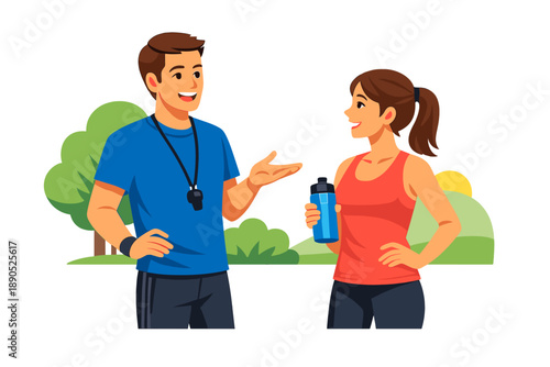 Two people talk during a fitness session at a park in the afternoon while enjoying the outdoors and discussing health tips and workout routines