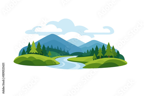 Scenic view of mountains and a winding river under a blue sky with clouds in a natural landscape setting