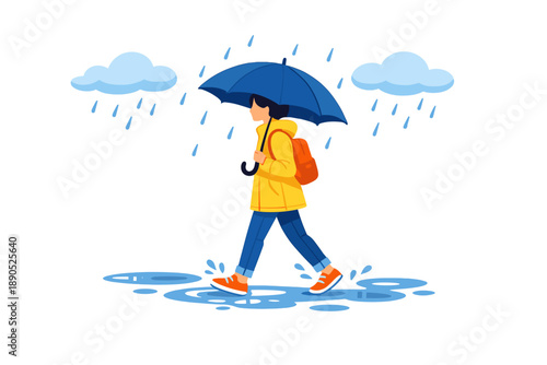 Walking in the rain with an umbrella and backpack while water collects on the ground during a rainy day