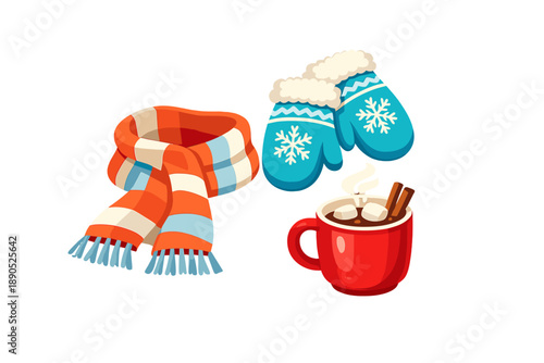 Warm drinks and winter clothing on a white background with a red mug filled with hot chocolate, blue mittens, and a colorful scarf arranged together
