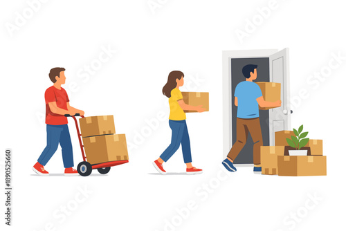 Group of people moving boxes into a new building in a busy setting during the day