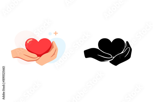 Two hands hold a heart symbol showing care and compassion in simple design on a white background