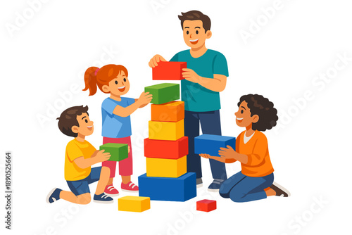 Kids work together to build a tower using colorful blocks in a playful setting during the day in a bright room