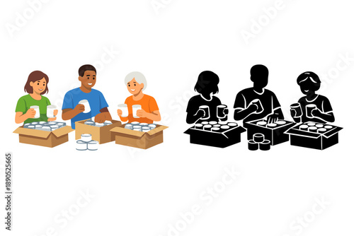 Volunteers work together to prepare food containers in a community kitchen during afternoon hours in a city