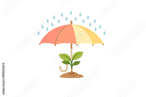 Umbrella above a green plant with raindrops falling down during a rainy day in a garden setting