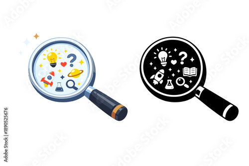 Exploring ideas with a magnifying glass showing symbols of knowledge and curiosity in a creative design
