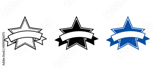 Star Award Ribbon Banners Set, Achievement Seal Badges, Blank Reward Labels, Minimalist Vector Icons in Outline, Silhouette, and Color Styles