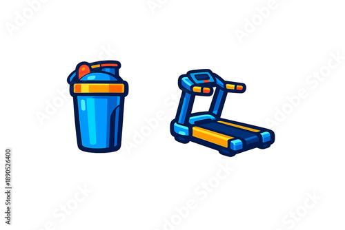 Collection of fitness essentials including protein shaker bottle and running treadmill machine