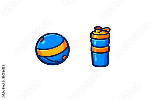Blue and orange fitness ball and matching shaker bottle for gym workout