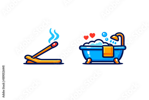 Incense stick burning next to a bubble bath with shower and towel for spa relaxation