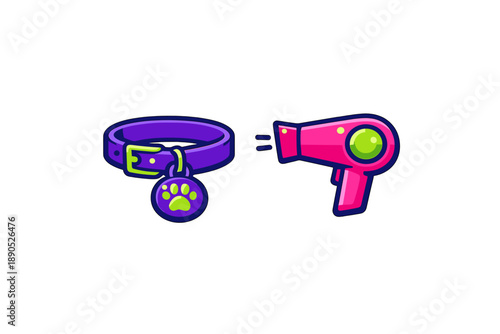 Pet grooming tools set featuring a purple collar with a paw print tag and a bright pink hair dryer